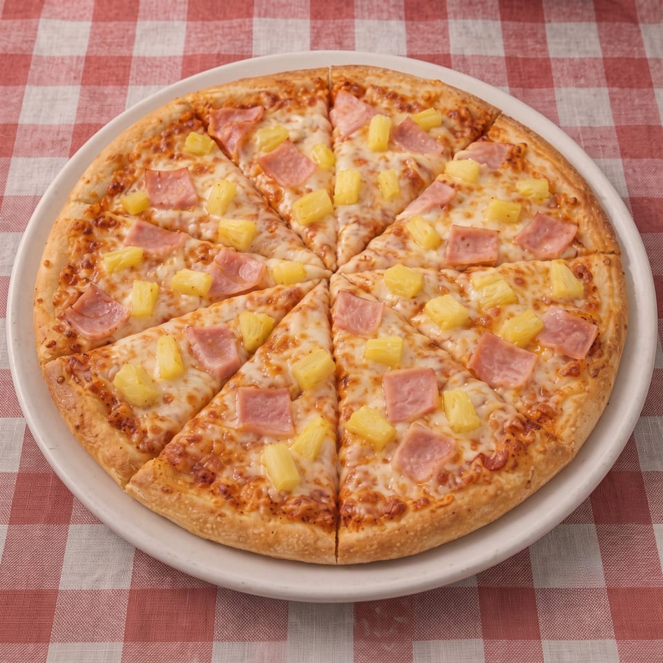 Hawaiian pizza with ham and pineapple on a white plate, on a red and white checkered tablecloth.