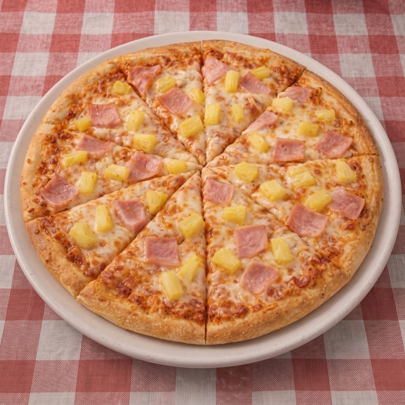 Hawaiian pizza with ham and pineapple on a white plate, on a red and white checkered tablecloth.
