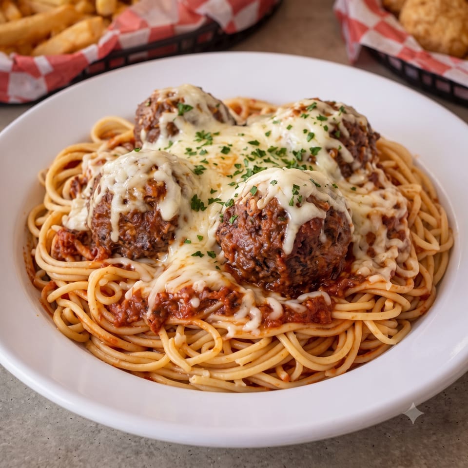 Spaghetti and meatballs with melted cheese and parsley, with fries in the background.