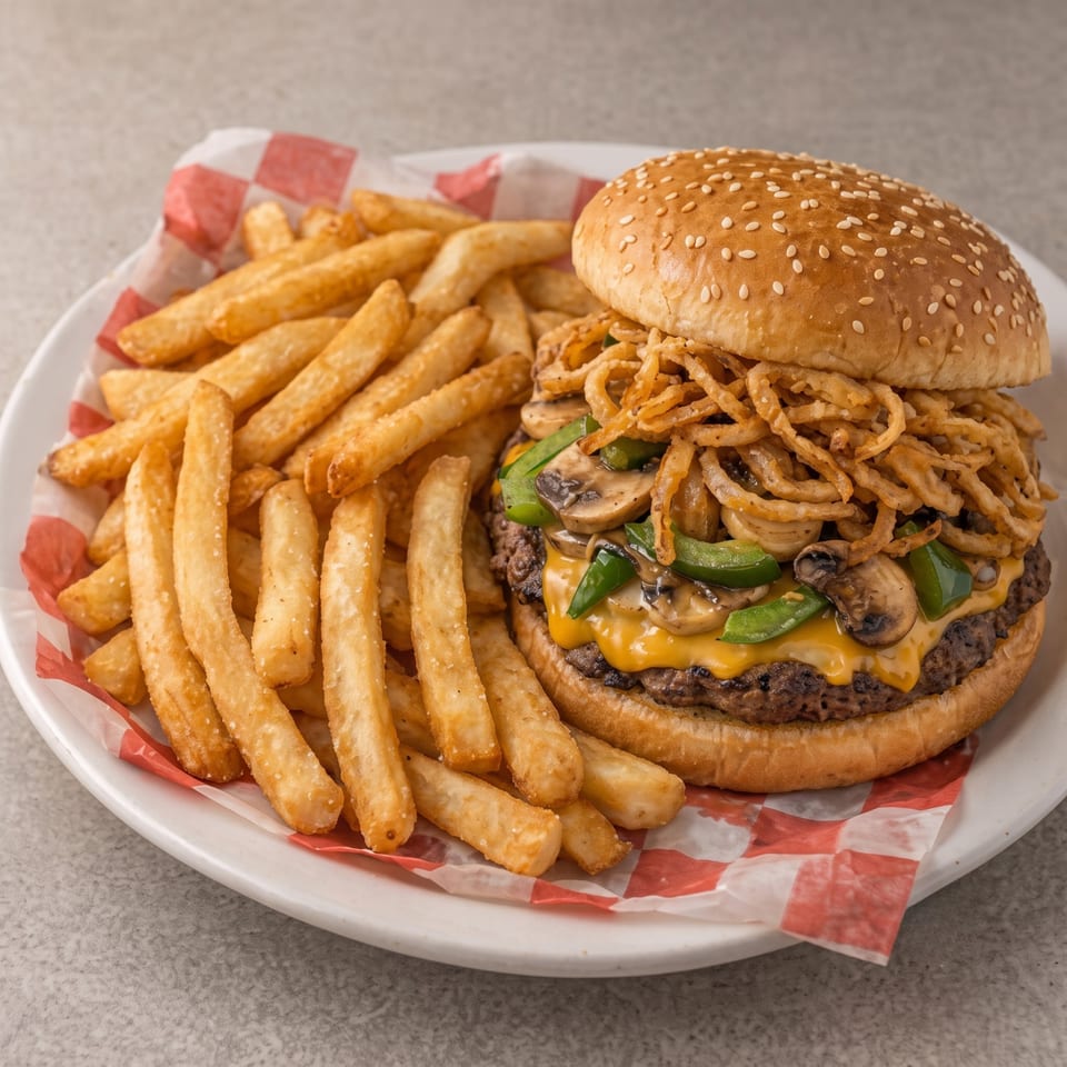 A cheeseburger with mushrooms, green peppers, and crispy fried onions, served with a side of fries.
